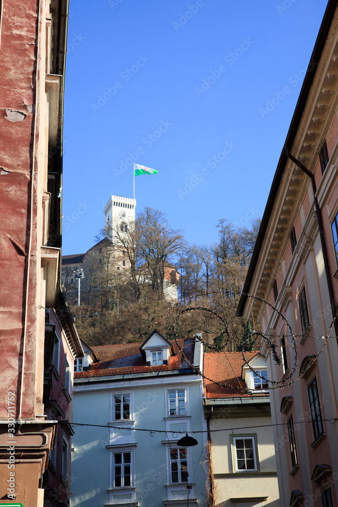 Wall mural Lubiana / Slovenia - December 8, 2017: View of Lubiana buildings near the river, Lubiana, Slovenia