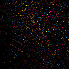 Abstract explosion of confetti. Colorful grainy texture isolated on black background. Colored stains and blots. Vector overlay elements. Digitally generated image. Illustration, EPS 10.