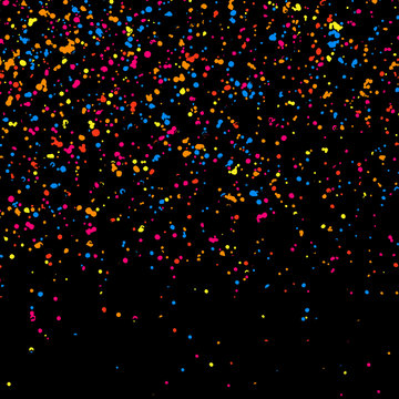 Abstract explosion of confetti. Colorful grainy texture isolated on black background. Colored stains and blots. Vector overlay elements. Digitally generated image. Illustration, EPS 10.