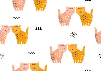 Animal seamless pattern with cat and different shapes. Abstract baby background illustration.