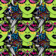 Seamless pattern of psychedelic woman in striped decor, crazy style with modern geometric glasses, vibrant and trippy.