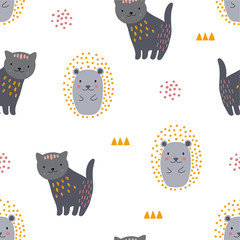 Dierlijk naadloos patroon met kat en verschillende vormen. Abstracte babyillustratie als achtergrond.