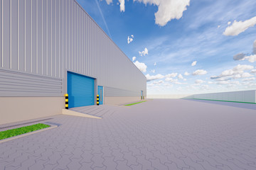 Industrial or commercial building. Use as factory, warehouse, hangar and workplace. Protection with security door, roller door or roller shutter. Outdoor floor paving with brick stone. 3d render.