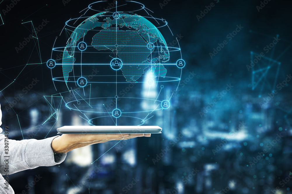 Poster hand holding tablet with global social network interface and world map