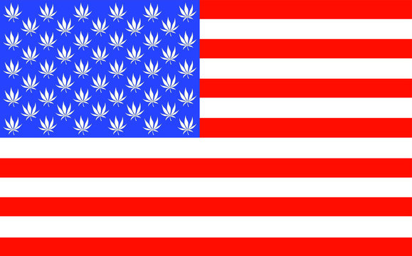 Vector illustration. USA flag with cannabis leaves. Legalization. Marijuana.
