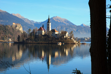 Bled / Slovenia - December 8, 2017: The Lake Bled and Santa Maria Church near Bled, Slovenia