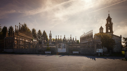 On the way of St. James, Alba Parish cemetery, at the foot of the parish of San Juan de Alba, neo-Gothic style, consisting of seven burial mounds and some prehistoric burials, Galicia, Spain