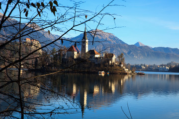 Bled / Slovenia - December 8, 2017: The Lake Bled and Santa Maria Church near Bled, Slovenia