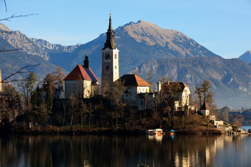 Bled / Slovenia - December 8, 2017: The Lake Bled and Santa Maria Church near Bled, Slovenia