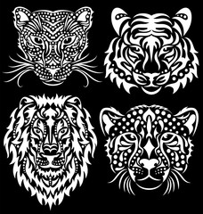 Fototapeta na wymiar Set of wild big cats isolated on black. Pattern of a lion, a tiger, a leopard and a cheetah. 