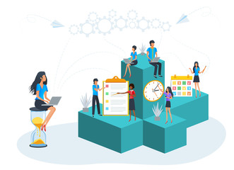 Vector illustration of planning, time management and control. Business teamwork on performance. Agile project management. People organizing, prioritize and scheduling tasks with agenda to do list.