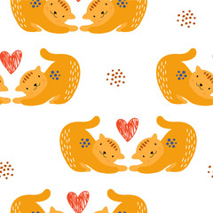 Animal seamless pattern with cat and different shapes. Abstract baby background illustration.