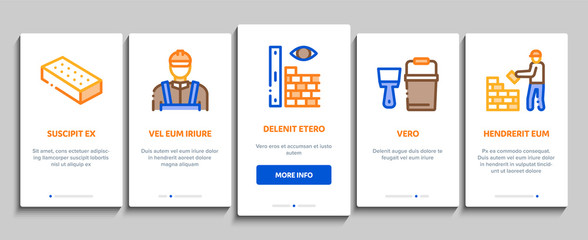 Bricklayer Industry Onboarding Mobile App Page Screen Vector. Professional Bricklayer Worker, Mason Layer Equipment For Construct Brick Wall Color Contour Illustrations
