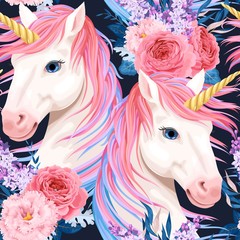 Vector seamless pattern with unicorn and flowers © olga_igorevna