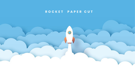Gorizontal White paper startup rocket concept vector illustration. Can be used for web design and workflow layout. With a lot of clouds. Blue sky. Abstract 3D background.