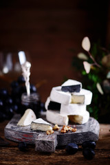 Farmer camembert cheese on the cutting board. selective focus