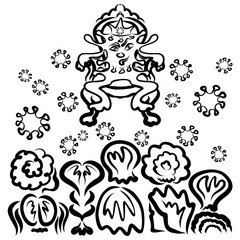 king of viruses on the throne, a crowd of people and flying microbes