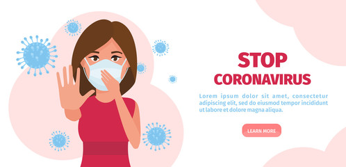 Woman in respirator and protective clothing with a hand up. Stop Coronavirus 2019-nCoV concept. Vector illustration