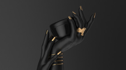Black hand with cream bottle mockup on dark background 3d render illustration