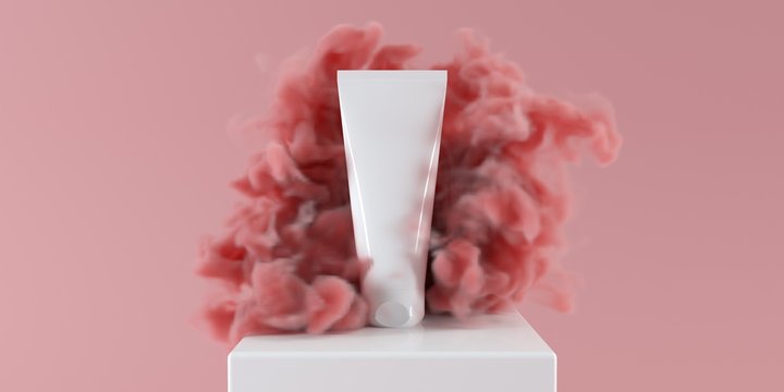 White cream bottle mockup in smoke on pink background 3d render illustration
