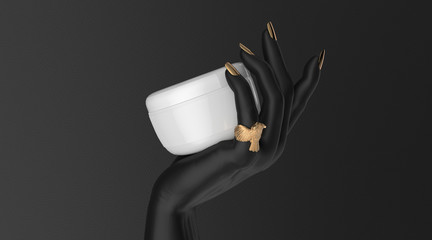 Black hand with white cream bottle mockup on dark background 3d render