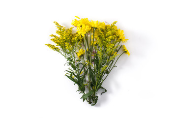 bouquet of yellow spring flowers isolated on white background. Top view