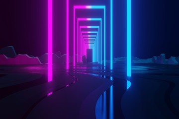 3d render, glowing lines, tunnel, neon lights, virtual reality, abstract background, square portal, arch, pink blue spectrum vibrant colors, laser show