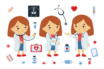 Cartoon vector kawaii character doctor with medicine tools. Illustration for children.
