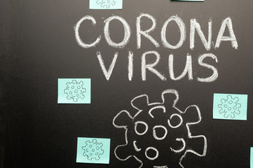 2019-ncov coronavirus, a blackboard and a drawing of a dangerous virus, and many stickers.Concept warning, epidemic and pandemic.New screen saver