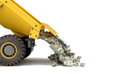 big profit concept packs of dollar bills fall out of the truck 3d render on white