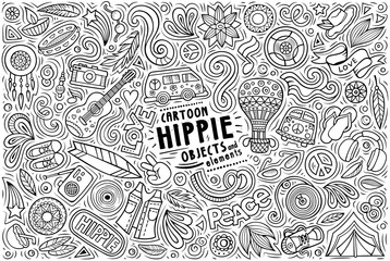 Vector set of Hippie theme items, objects and symbols