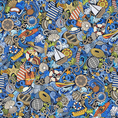 Cartoon cute doodles hand drawn Marine seamless pattern.