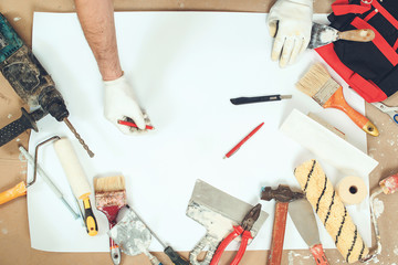 Set of tools for repair, top view. Mock up with various tools. Repair and maintenance concept....