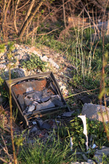 Trash on the nature of abandonment by tourists and vacationers. Ecological catastrophy. Pollution of the planet by people