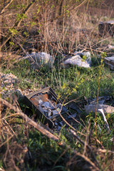 Trash on the nature of abandonment by tourists and vacationers. Ecological catastrophy. Pollution of the planet by people