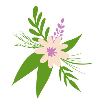 Vector pink flowers and leaves. Decorative elements. Spring summer design.