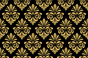 Floral pattern. Vintage wallpaper in the Baroque style. Seamless vector background. Black and gold ornament for fabric, wallpaper, packaging. Ornate Damask flower ornament