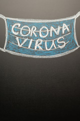 A drawn mask on a blackboard with the inscription Coronavirus. News headline, articles. Epidemic and pandemic, problems in medetsine, lack of masks, with space for inscription, banner.