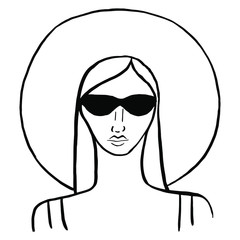 Sketch girl in a hat and black glasses. A quick sketch of the lines.