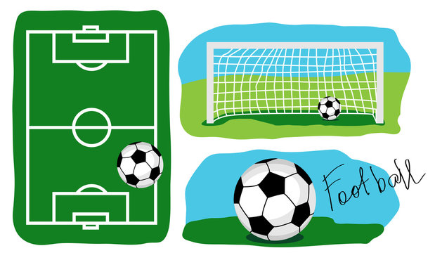 A soccer field with detailed goals and a soccer ball. Vector illustration.