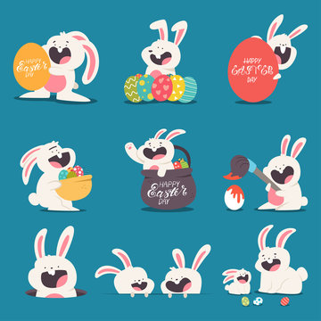 Cute Easter bunny with eggs and basket vector cartoon characters set isolated on background.