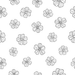 Black hand drawn flowers on white background. Seamless spring natural pattern. Suitable for textile, packaging.