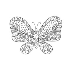 Hand drawn vector illustration. Cute butterfly on a white background, coloring book for kids. Simple form in Doodle style.
