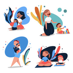 Mother and kid vector cartoon characters set isolated on a white background.