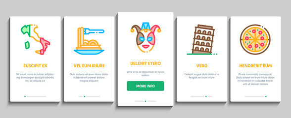 Italian Traditional Onboarding Mobile App Page Screen Vector. Italian Pizza And Wine, Meal And Grape With Orange, Perfume And Fashion Cloth Accessories Color Contour Illustrations