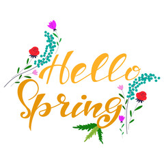 Hello Spring hand drawn text with flowers vector cartoon illustration isolated on a white background.