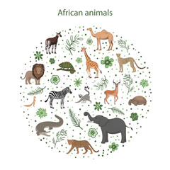Vector set of cartoon African animals with leaves, flowers and spots in a circle. Okapi, impala, camel, xerus, lion, chameleon, zebra, giraffe lemur cheetah crocodile leopard elephant tortoise