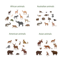 Obraz premium Vector set of cartoon African, American, Asian and Australian animals. Okapi, impala, lion, chameleon, zebra, lemur jaguar armadillo deer raccoon fox echidna squirrel hare koala crocodile elk