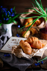 vegan pies with mushrooms.. Top view. selective focus