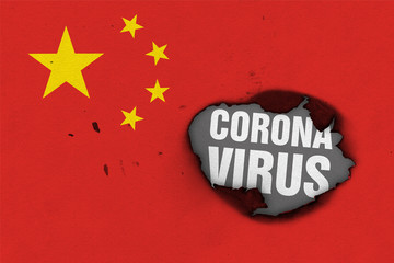 Flag of People's Republic of China with burned out hole showing Coronavirus name in it. 2019 - 2020 Novel Coronavirus (2019-nCoV) concept, for an outbreak occurs in the China.